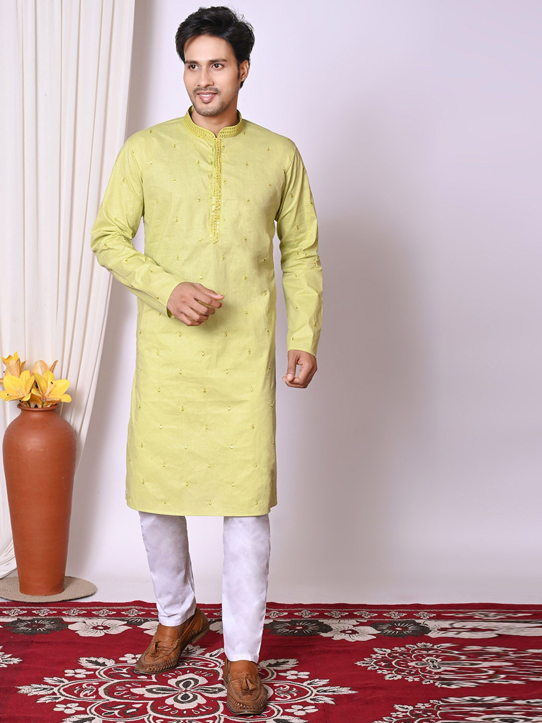 NFC CREATION Embroidered Mandarin Collar Straight Sequinned Pure Cotton Kurta With Pyjamas
