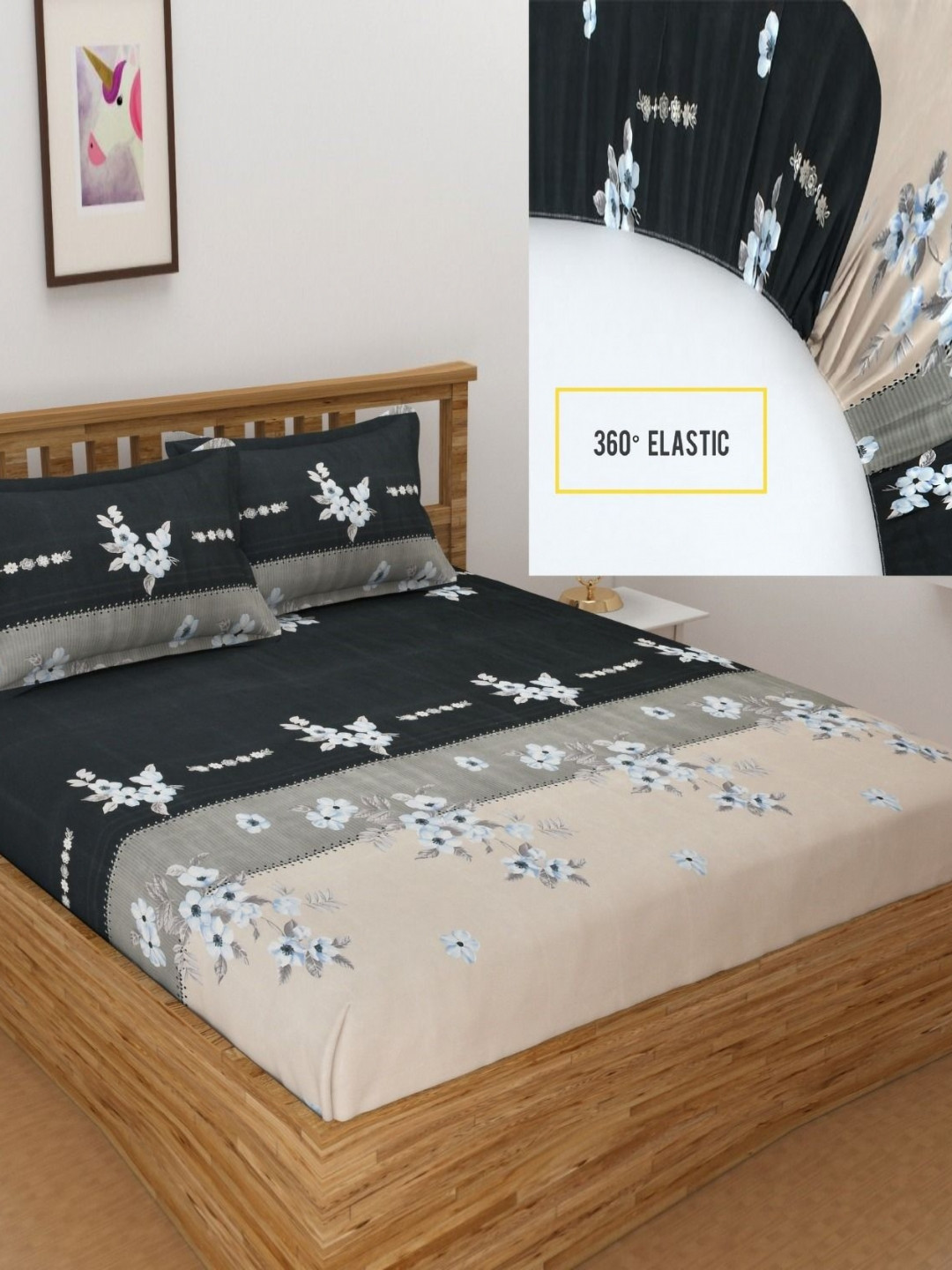 Bromwick Beige Floral Printed Microfiber 220 TC King Bedsheet Set  2.28m x 2.14m