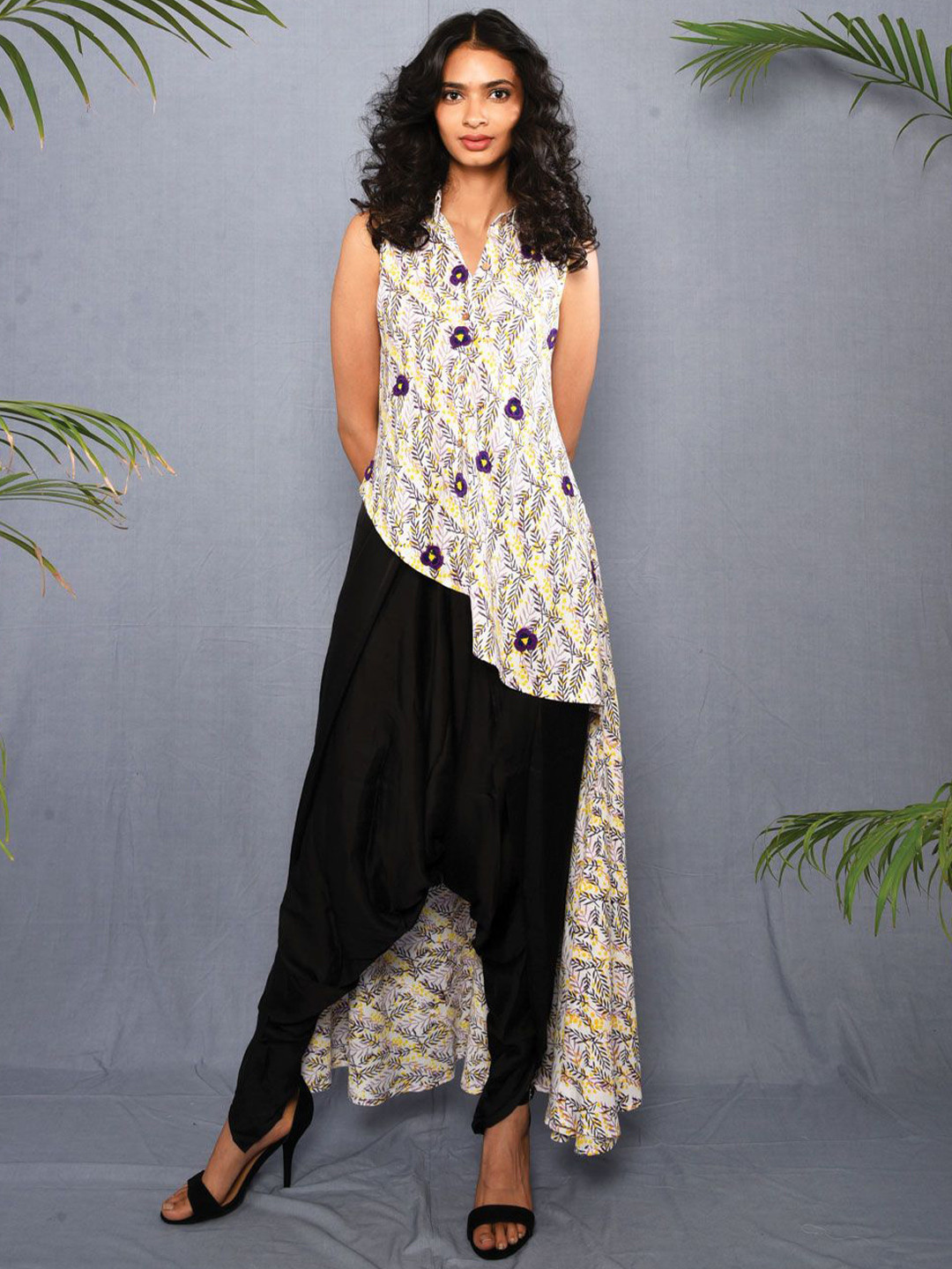 Aapro Block Printed Asymmetrical Shirt Style Top