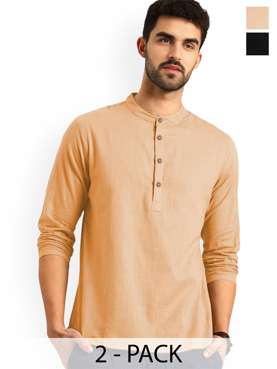 Vida Loca Selection Of 2 Band Collar Cotton Slim Fit Straight Short Kurtas
