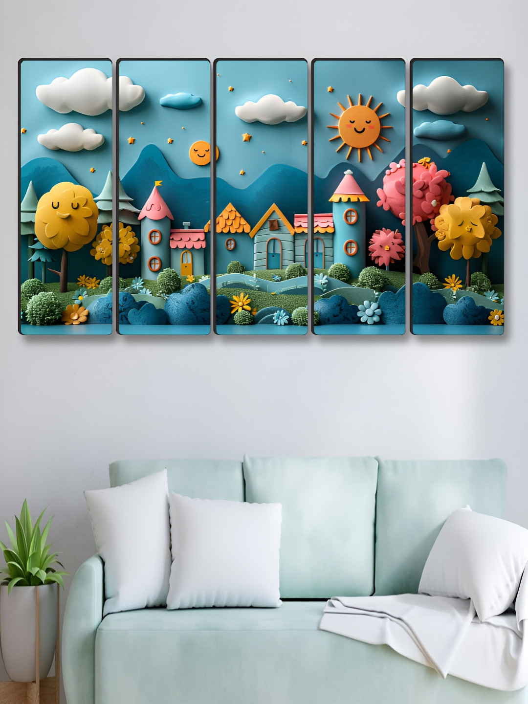 Myntra Elegant Homes Blue & Yellow 5 Pieces Beautiful Scenery Canvas Wall Art