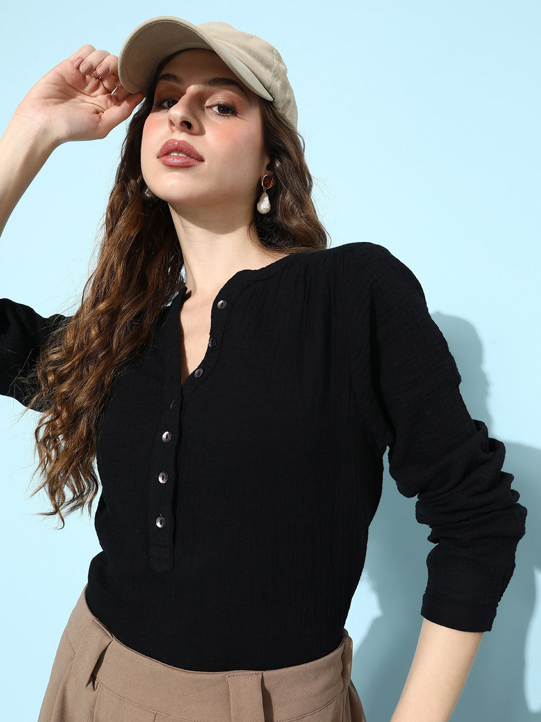 EVERYDAY by ANI Mandarin Collar Cotton Shirt Style Top