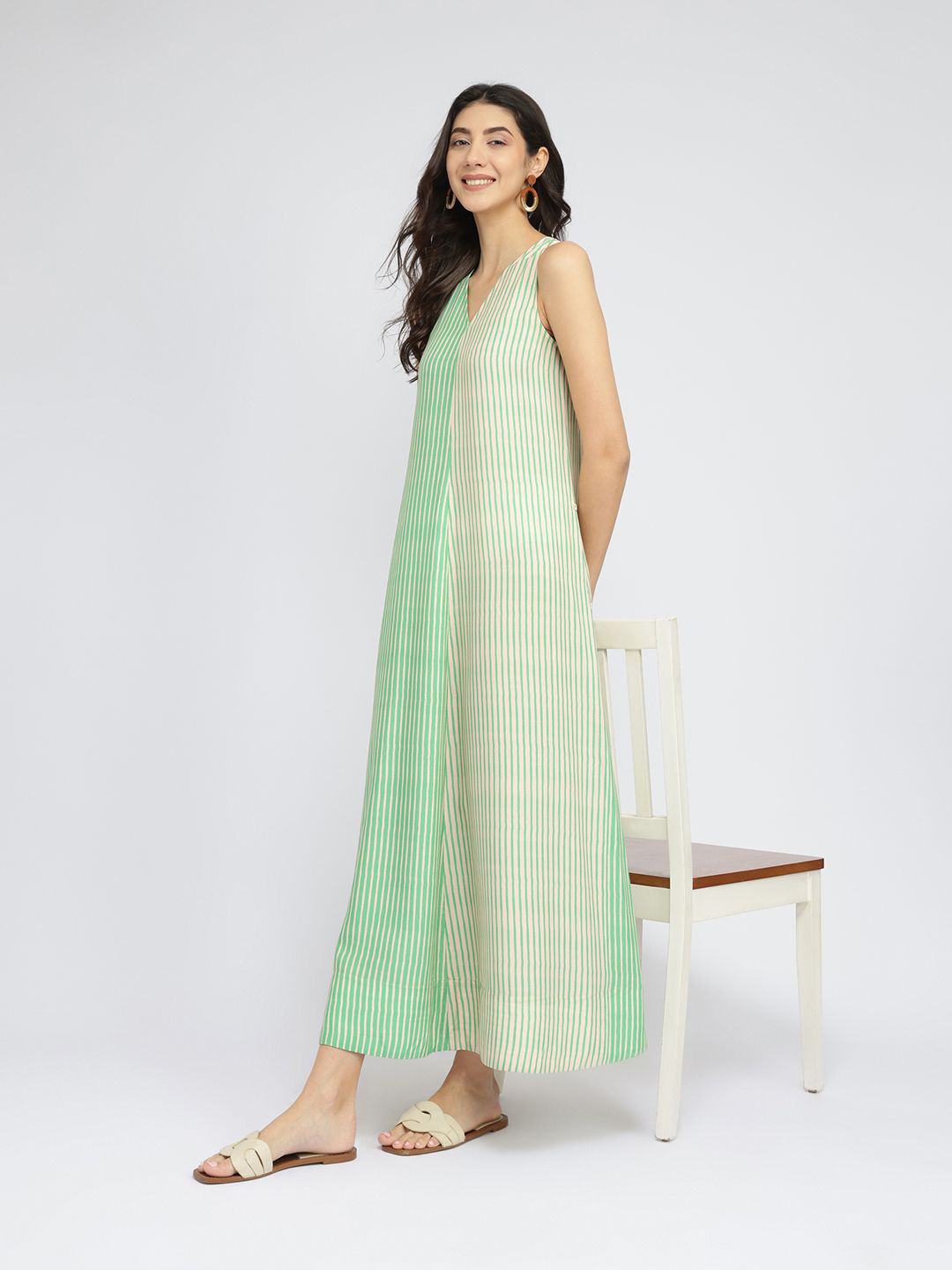 Pink Fort Women Rayon Colourblock & Striped Dress - Green