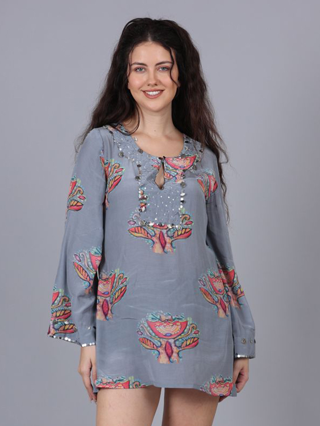 POPPIES LANE Steel Grey Top With Bead Work