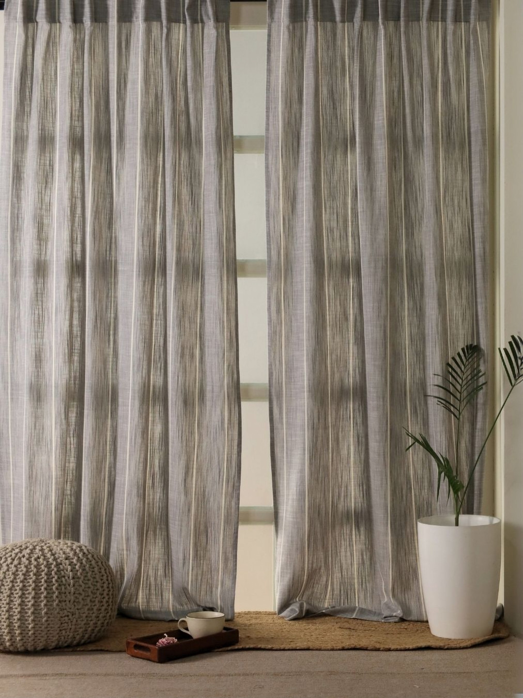 Peepul Tree Set of 2 Charcoal Cotton Striped Long Door -9ft