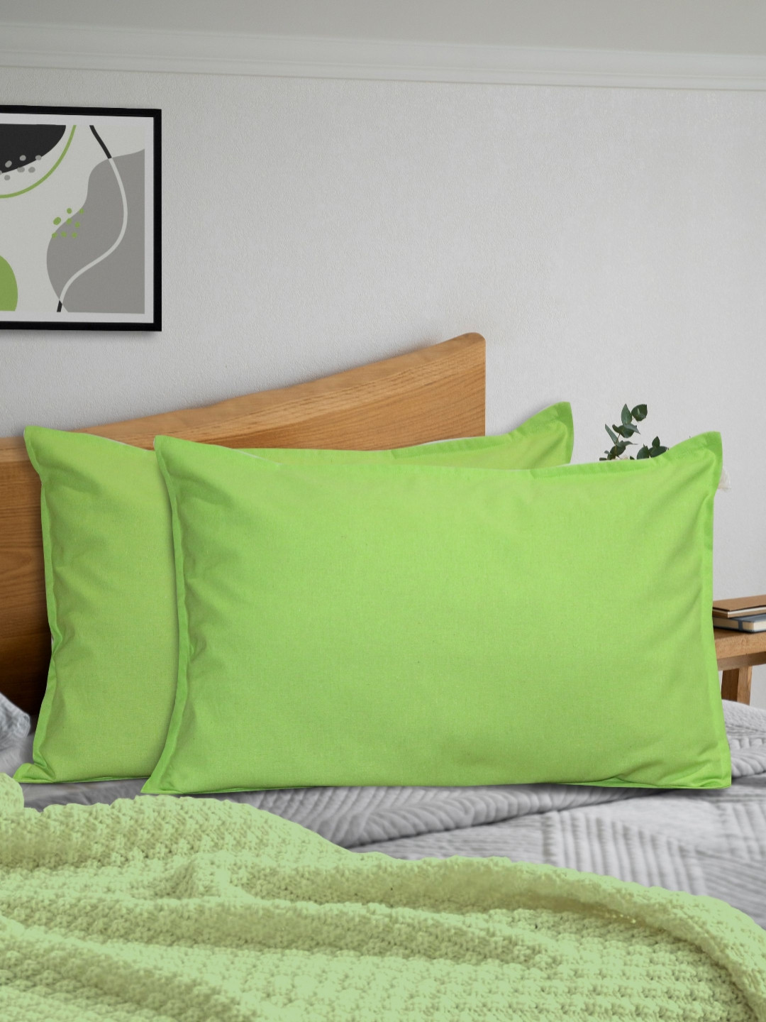 HOME COLORS.IN Lime Green 2 Pieces Pure Cotton Rectangle Pillow Covers