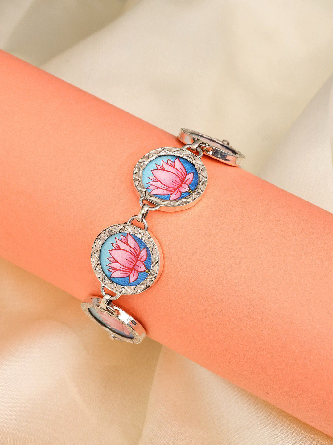 Exotic India Women Sterling Silver Hand Painted Silver-Plated Wraparound Bracelet