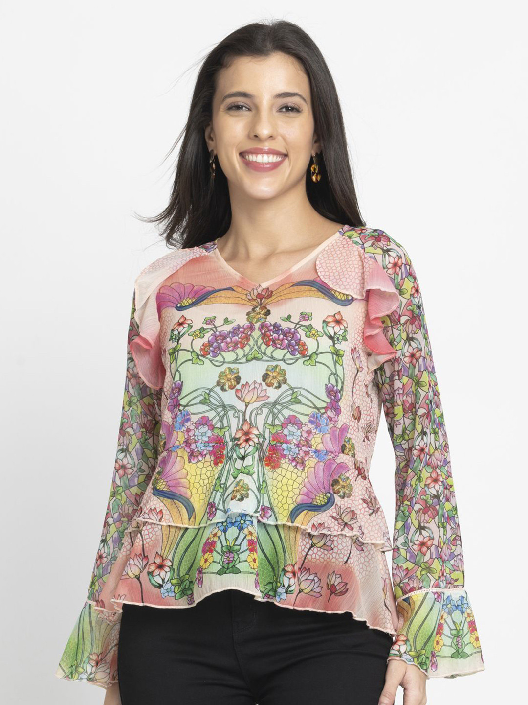 SHAYE Peach V-Neck Floral Print Full Sleeves Casual Tops With Cami For Women