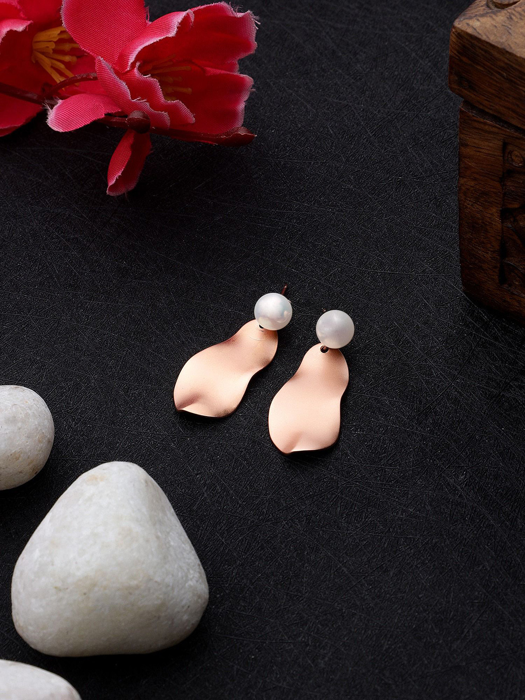 DIAVO Copper-Plated Artificial Pearls Studded Contemporary Shaped Drop Earrings