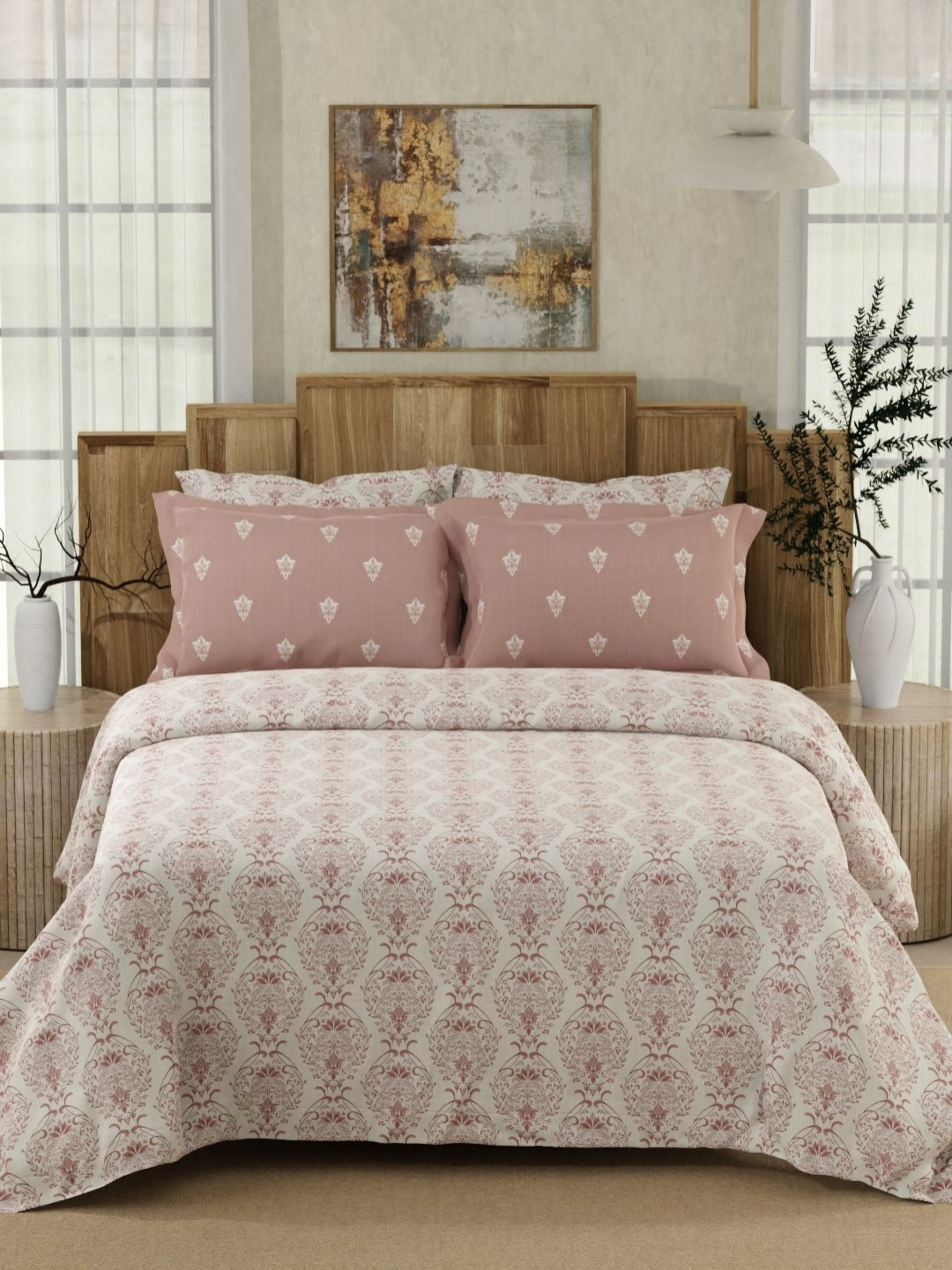 Boutique Living India Isabella Pink Printed Cotton 500TC King Bedsheet Set 2.74m x 2.74m