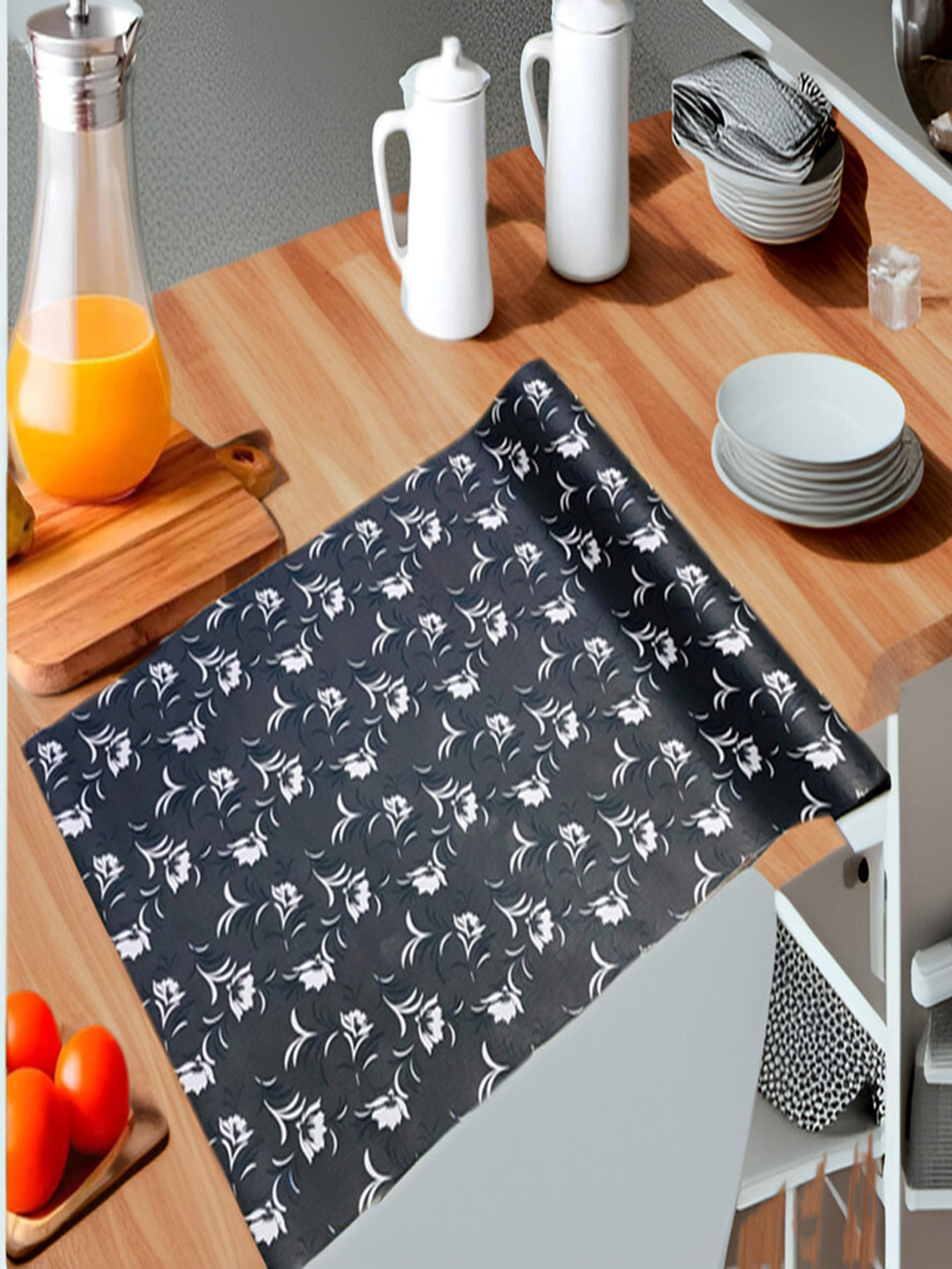 REVEXO Black Floral Printed PVC Shelf Liner