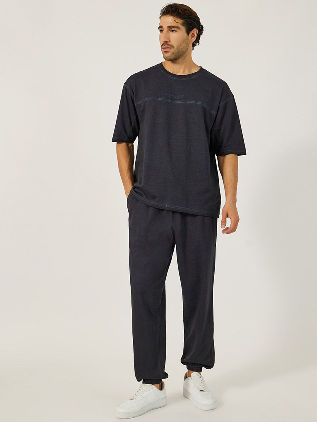 Styli Pure Cotton Acid Washed Boxy Fit Tee and Oversize Jogger Co-ords with embroidery