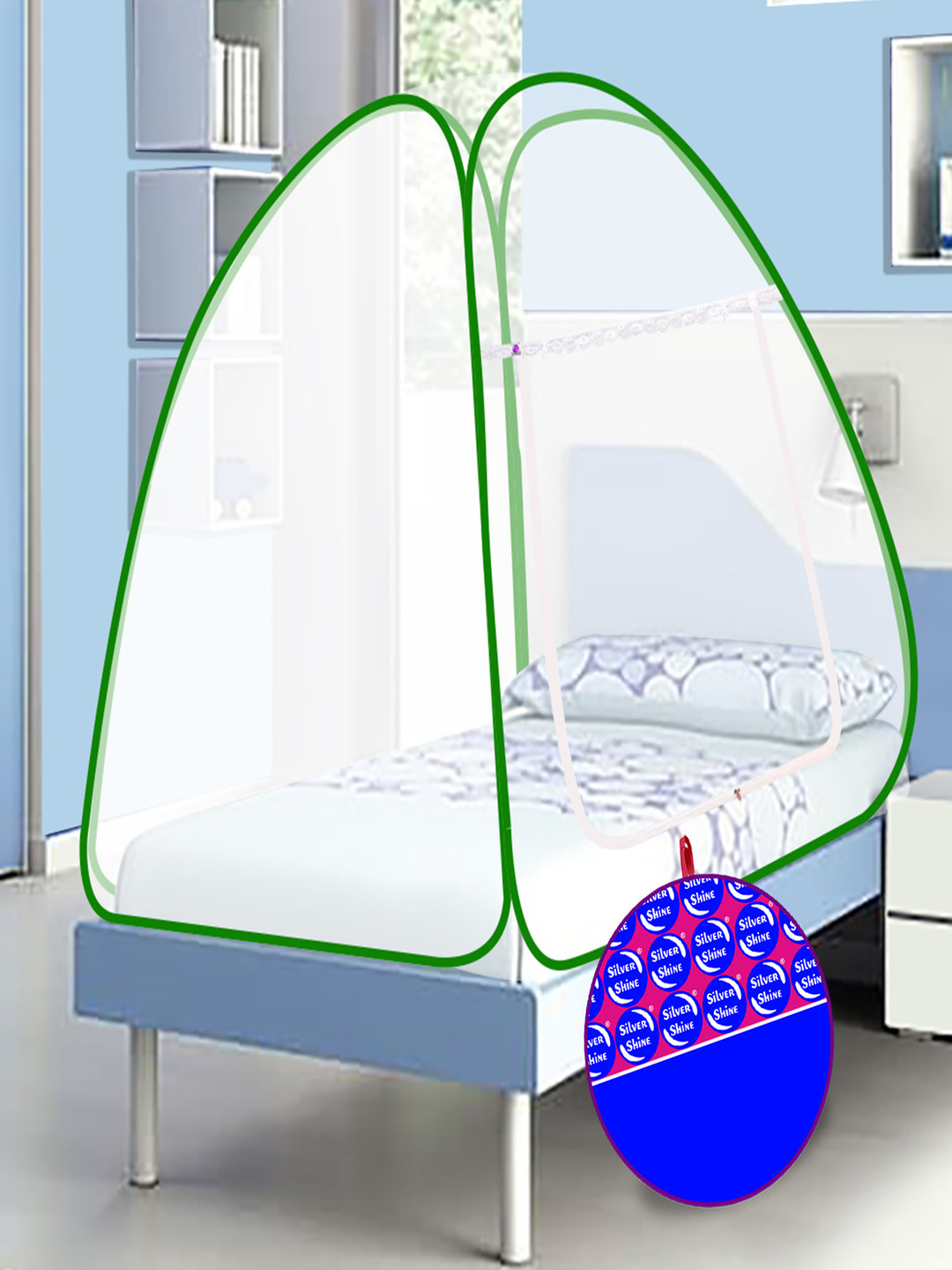 Silver Shine Green & White Single Bed Foldable Tent Mosquito Net
