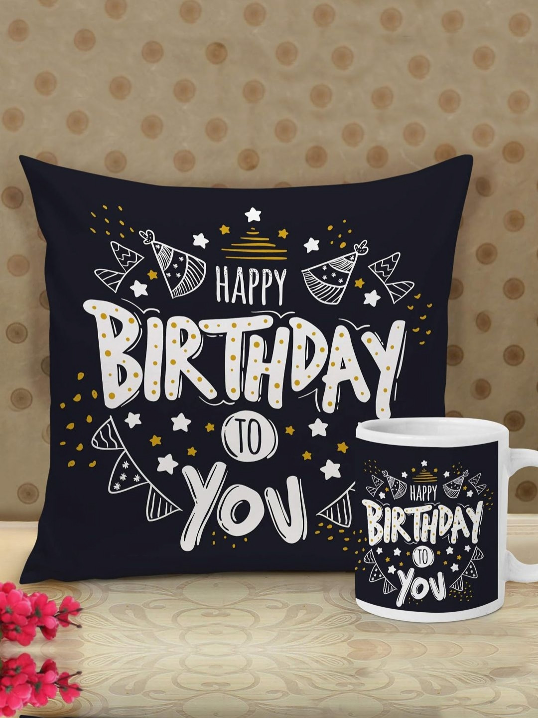 TIED RIBBONS Black & White Quirky Printed Cushion Cover & Coffee Mug Cup Gift Set