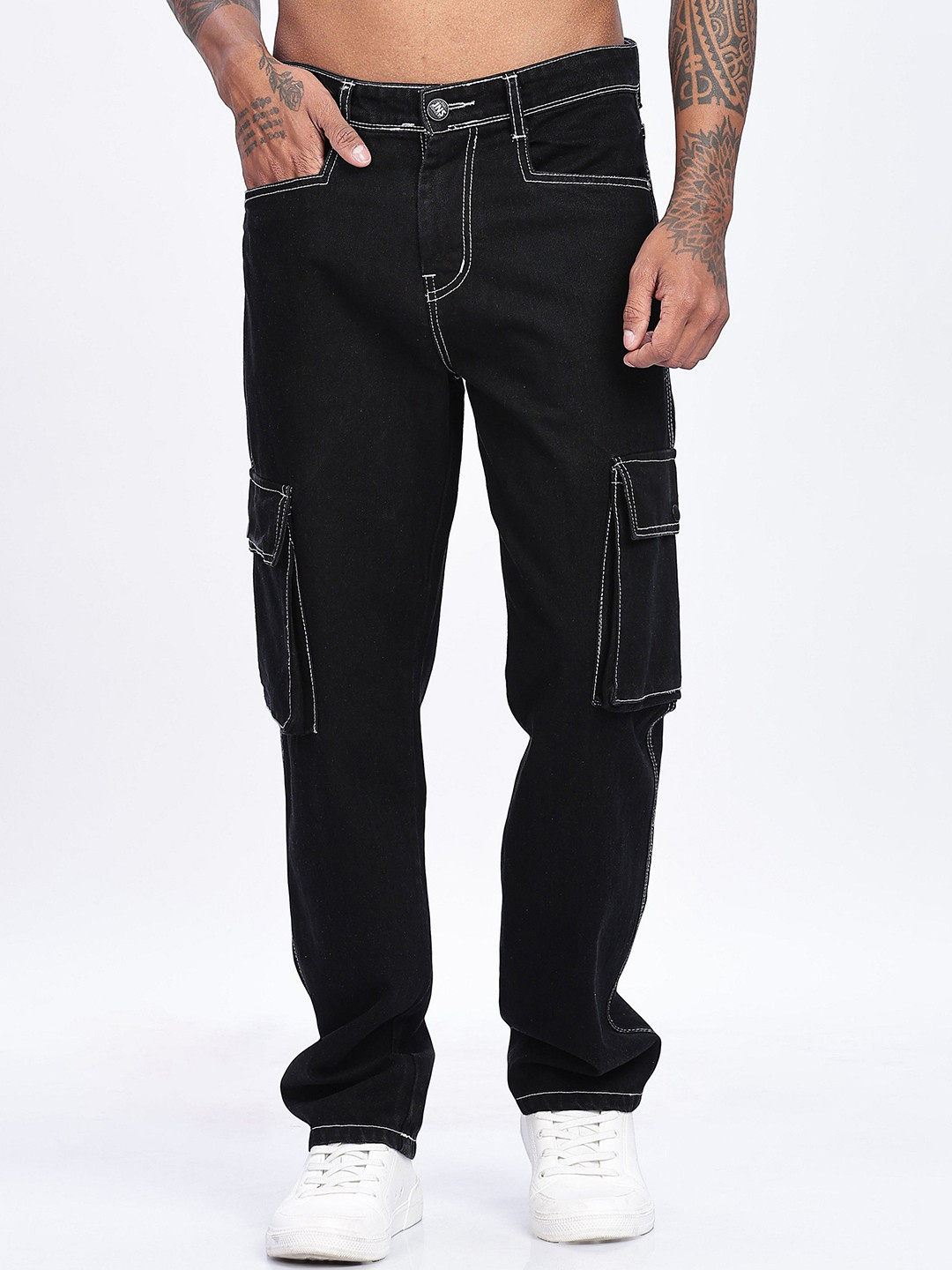 BEVDAAS Men High-Rise Cotton Cargo Jeans - Baggy