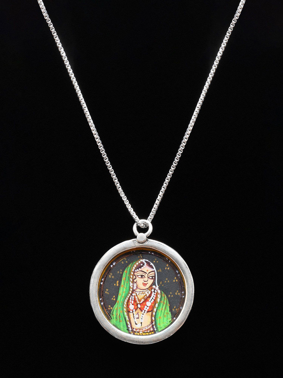 Exotic India Hand-Painted Indian Woman Round Shape Pendant in Sterling Silver