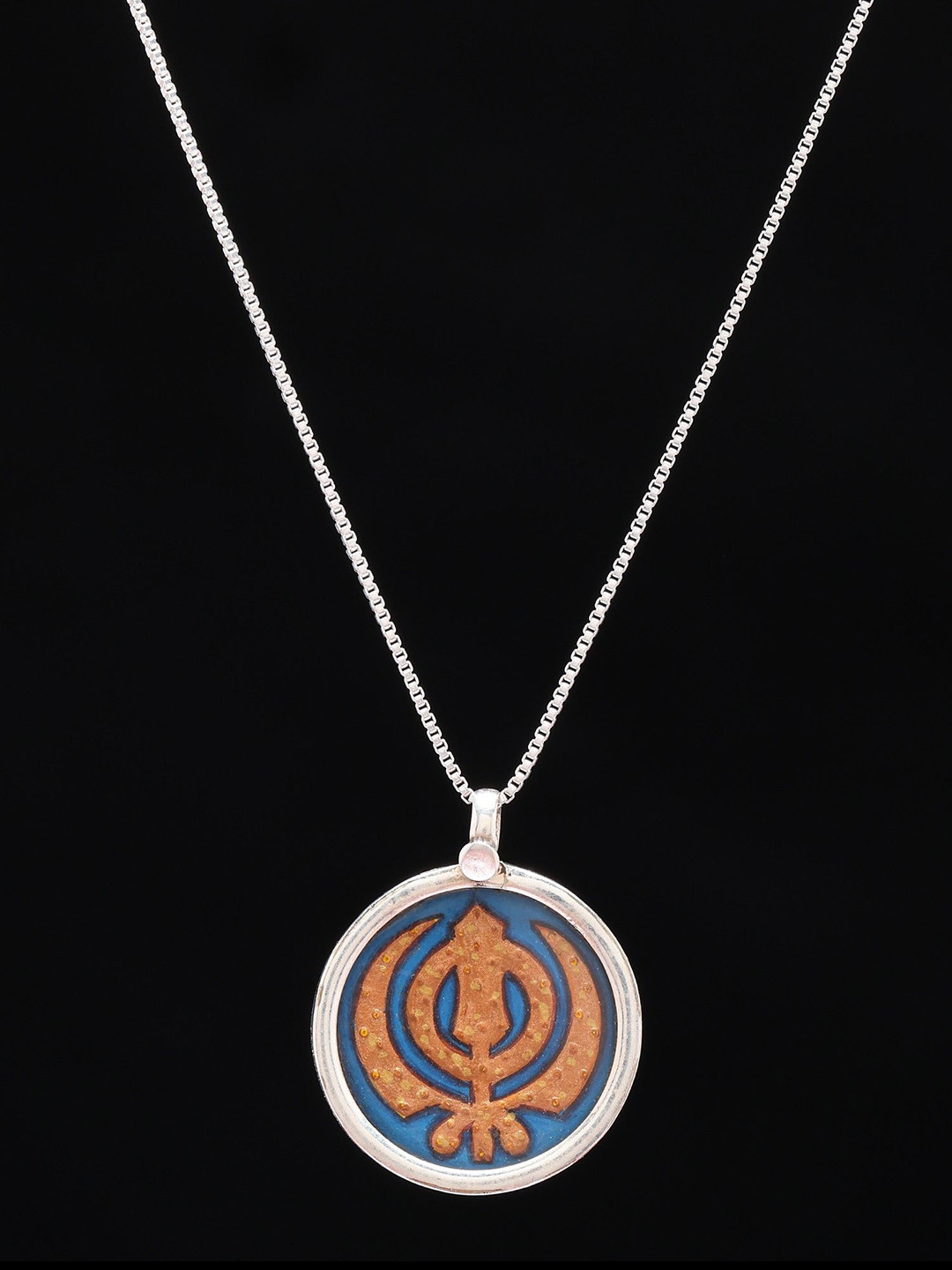 Exotic India Hand-Painted Sikh Khanda Round Shape Pendant in Sterling Silver