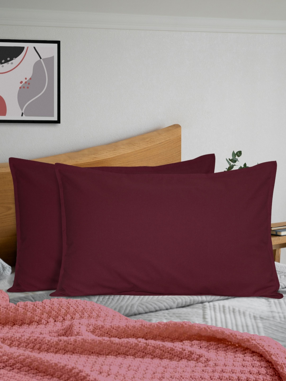 HOME COLORS.IN Maroon 2 Pieces Pure Cotton Rectangle Pillow Covers