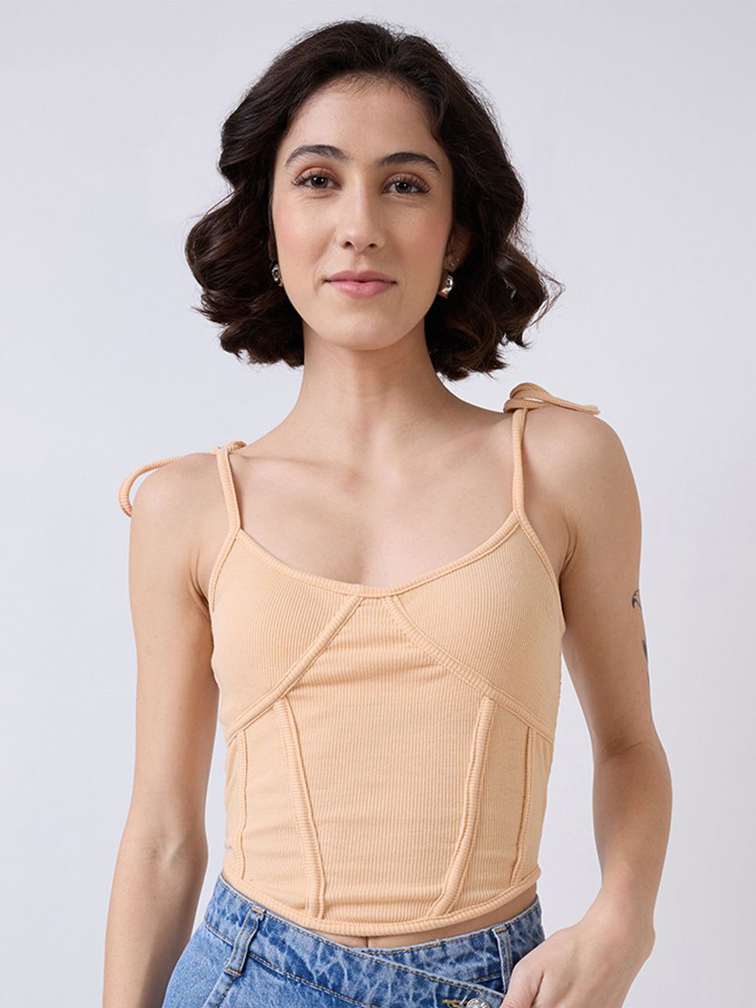 Peach Ribbed Sweetheart Neck Corset Crop Top