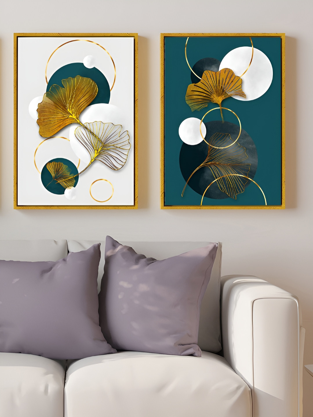 Myntra Elegant Homes White & Gold-Toned 2 Pieces Leaf Abstract Canvas Wall Art