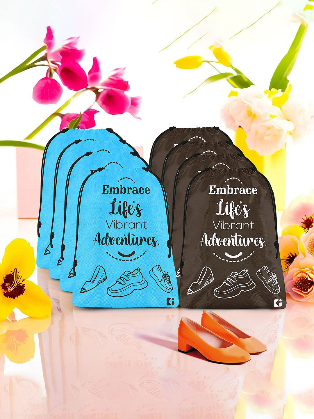 Kuber Industries Blue & Brown Pack Of 8 Typography Printed Cloth Storage Bag For Travel