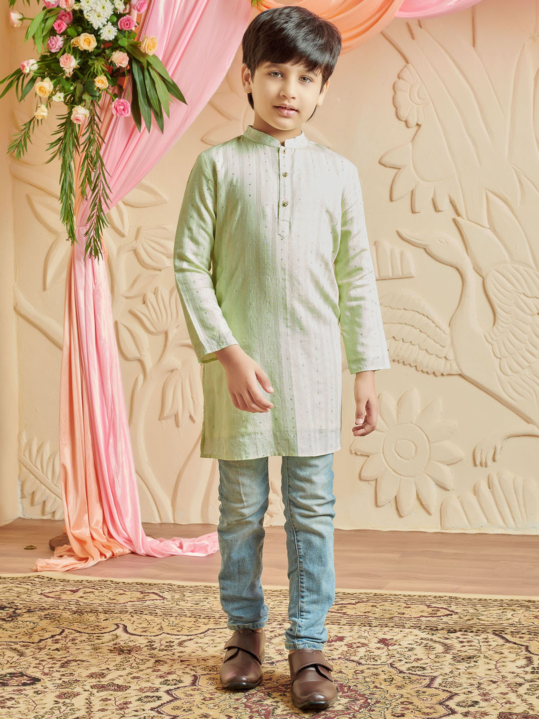 MASTARANG Boys Pastel Green Sequenced Kurta