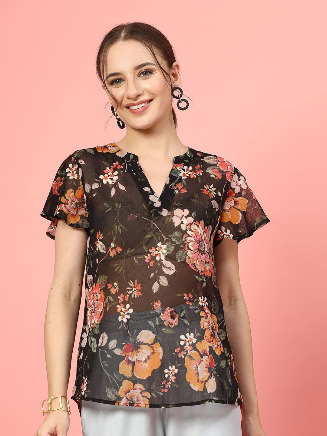 EVERYDAY by ANI Floral Print Mandarin Collar Applique Chiffon Top