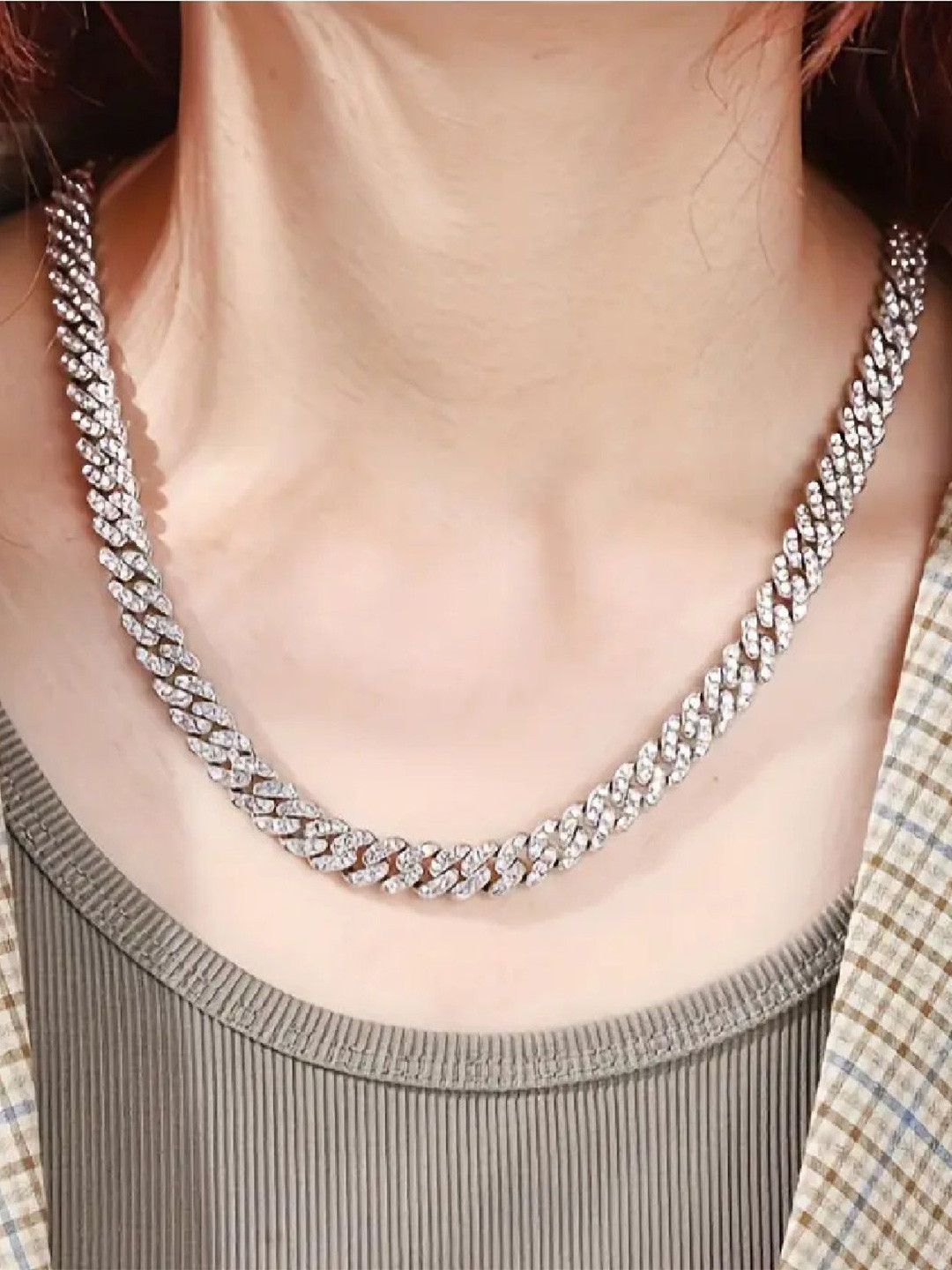Crazy Fashion Unisex Silver-Plated Cubic Zirconia Studded Hip Hop Chain