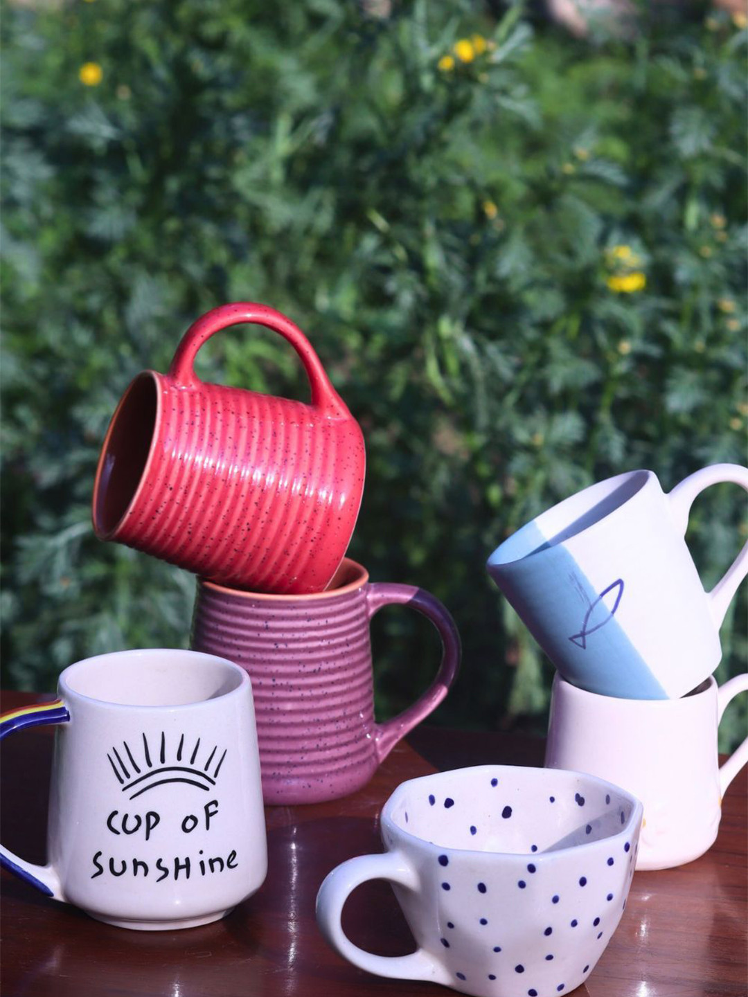 WEAVING HOMES Set of 6 Red & White Printed Glossy Ceramic Sunshine Sips Mugs