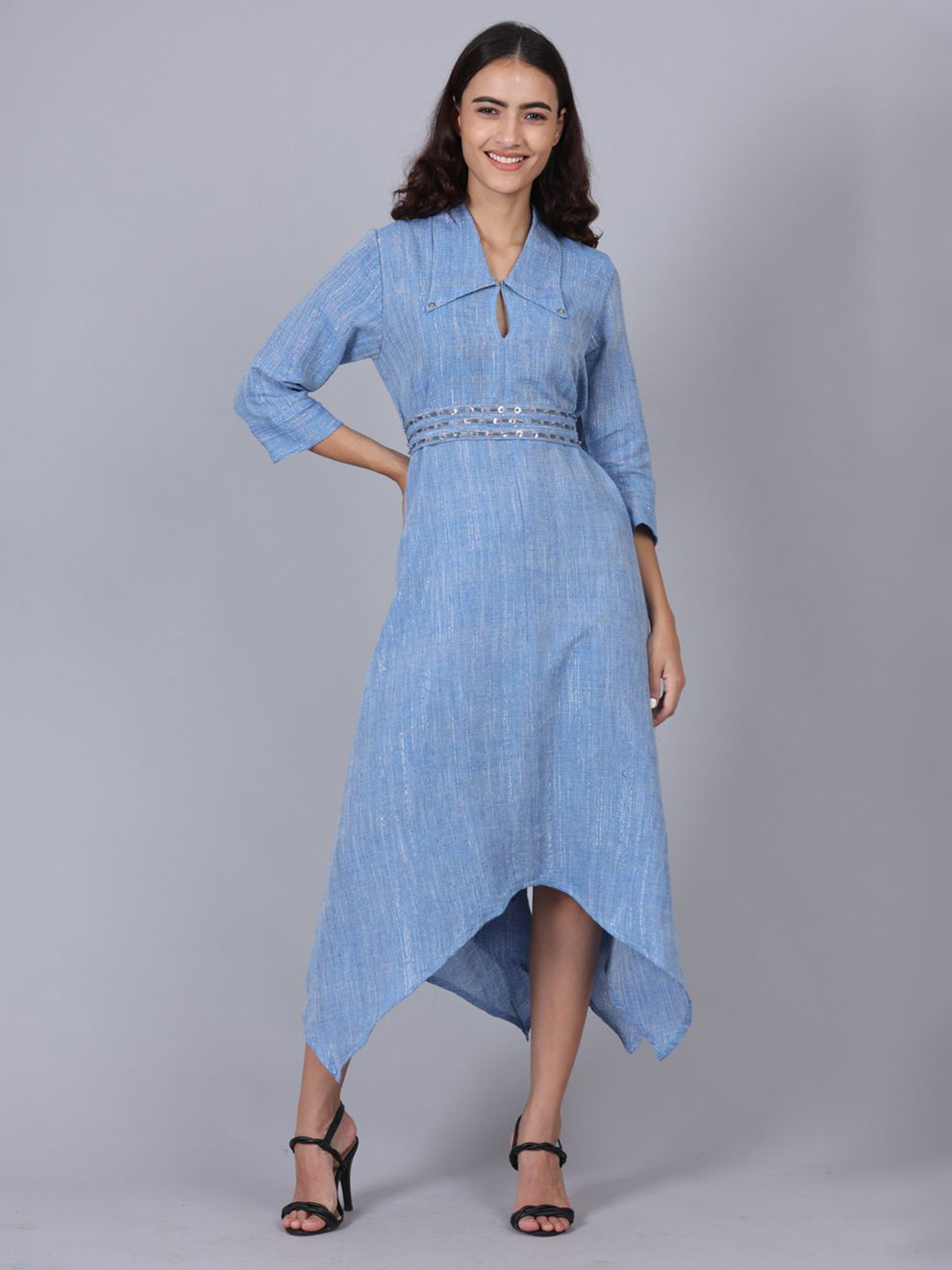 POPPIES LANE Ice Blue Lurex Long Dress With Belt