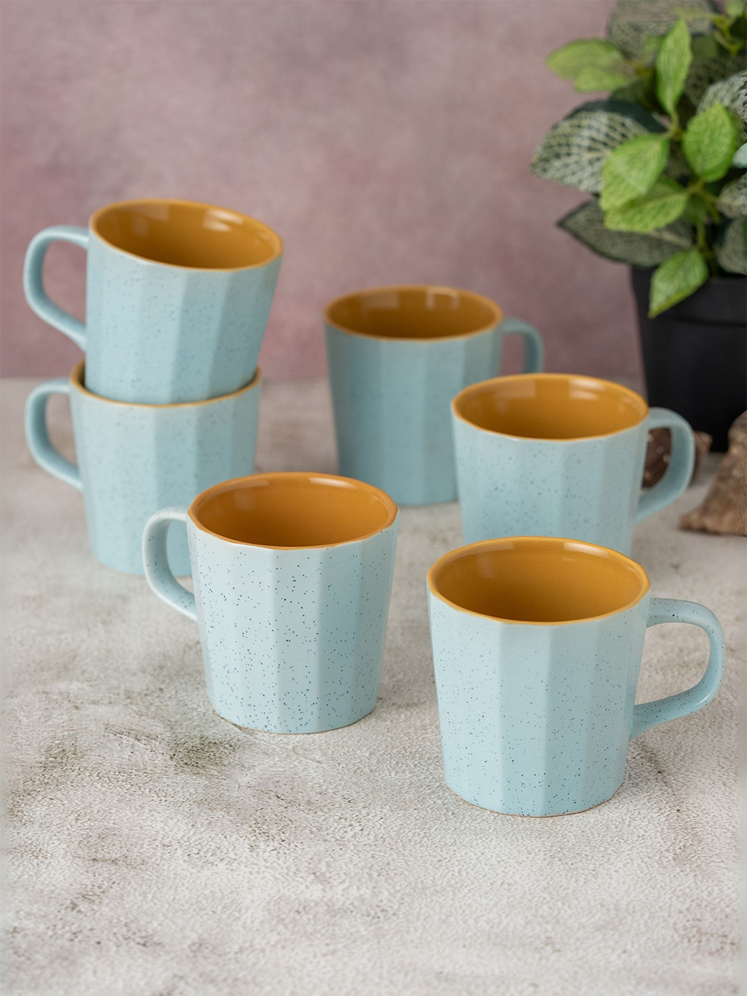 CLAY CRAFT Peacock Feather Blue Textured Ceramic Handmade 6 Piece Mugs-240ml