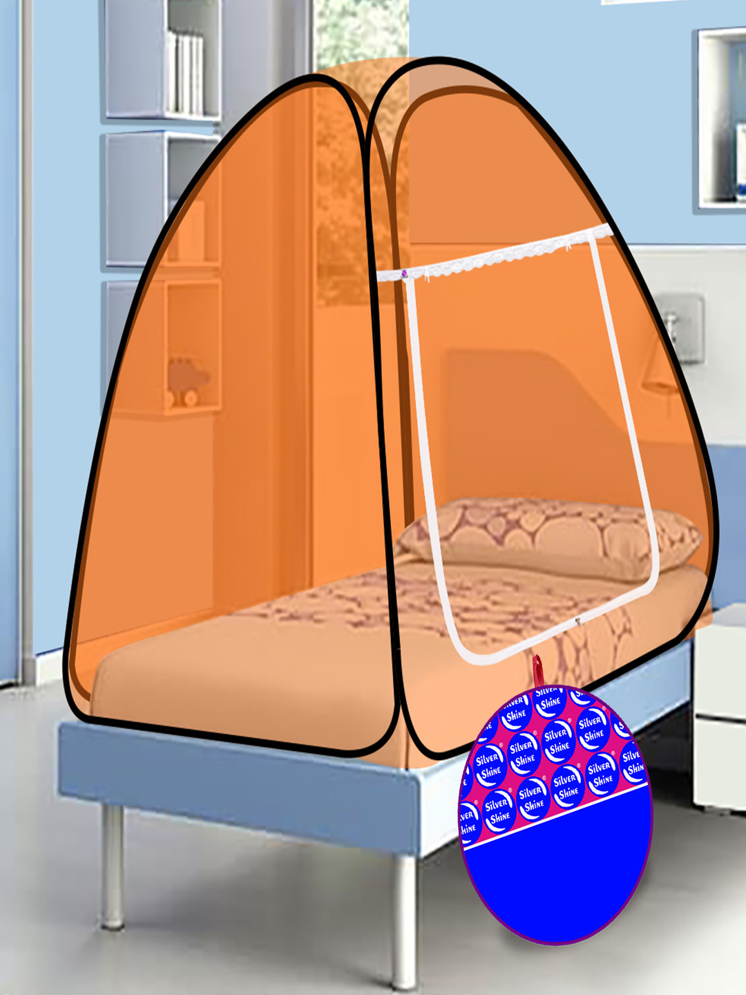 Silver Shine Orange & Black Single Bed Foldable Tent Mosquito Net