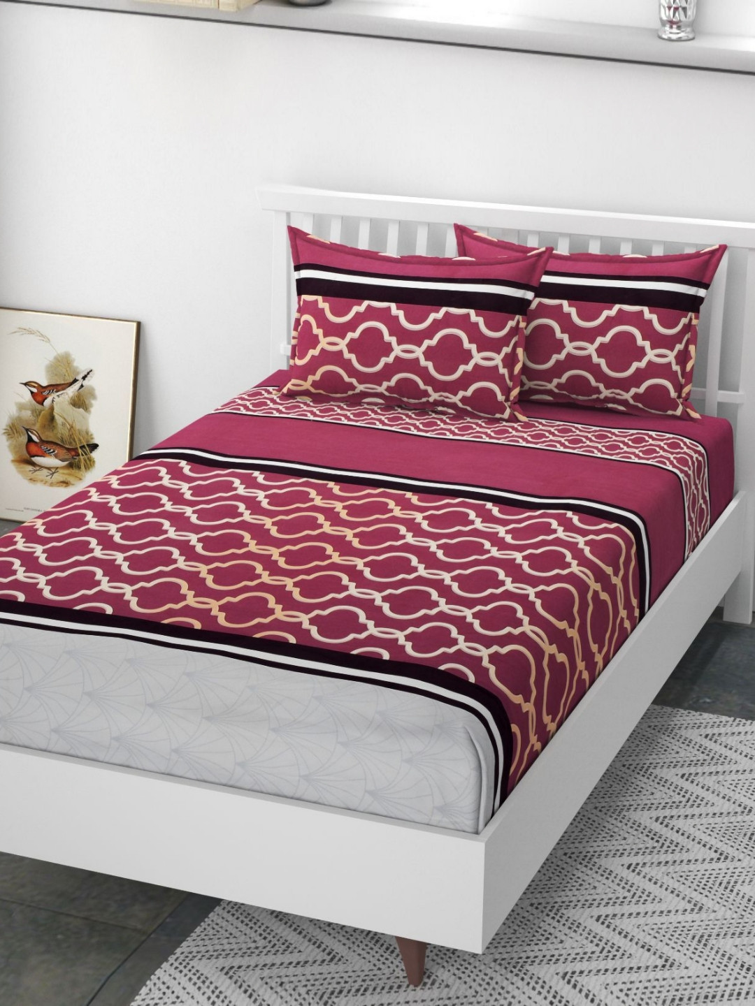 Banchmark Home Furnishings Red Ethnic Motifs Cotton 200 TC Fitted King Fine Bedsheet with 2 Pillow Covers-183 x 198 cm