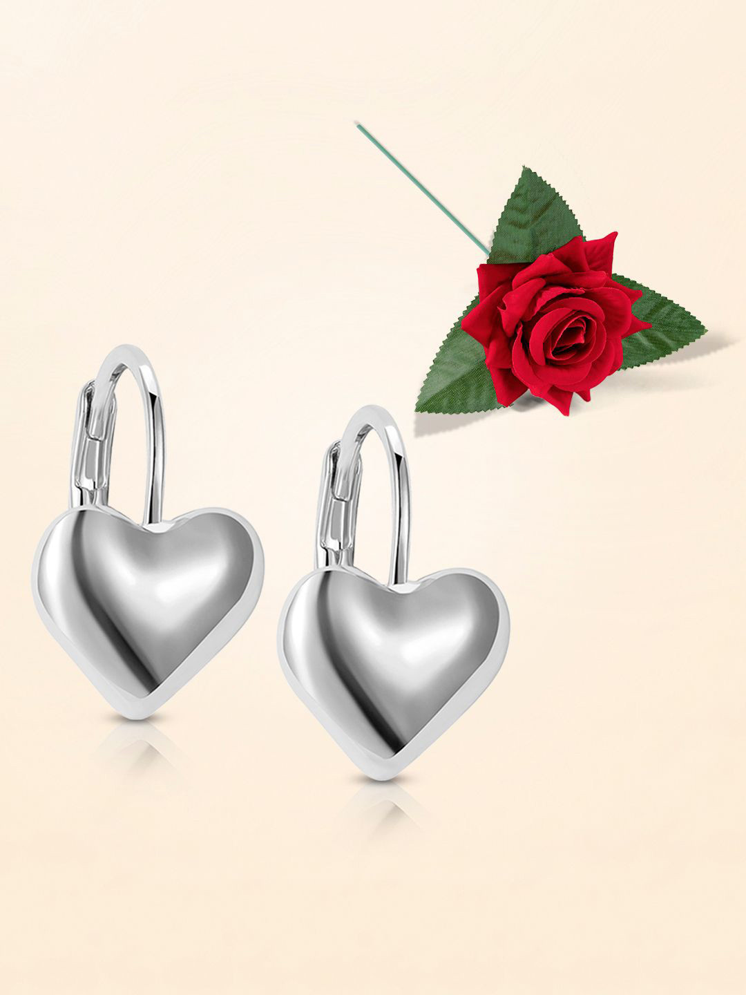 Peora Silver-Plated Heart Clutch Hoop Earrings With Red Rose Gift Set
