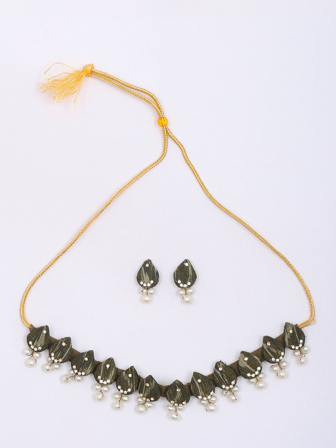 Exotic India Stone Studded & Beaded Handloom Sambalpuri Fabric Choker Set with Earrings