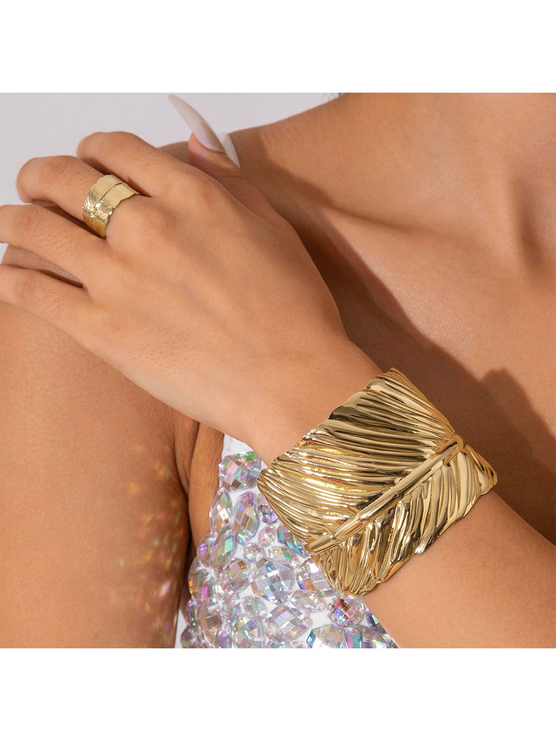 Shining Diva Fashion Set Of 2 Gold-Plated Cuff Bracelet And Ring