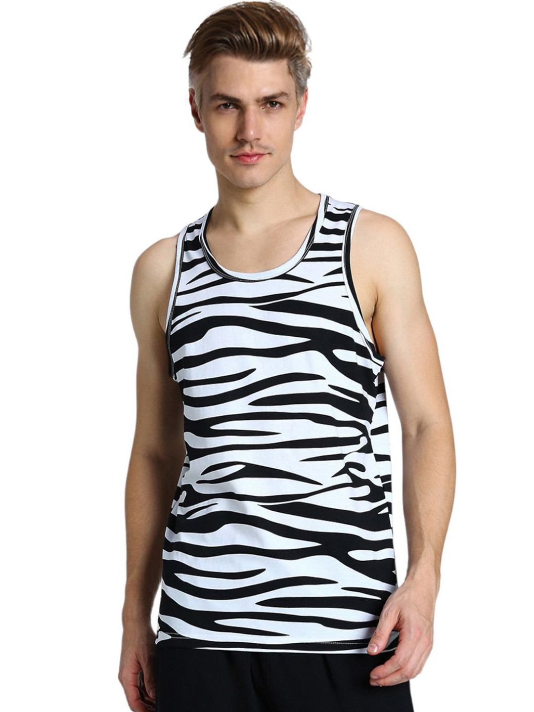VEIRDO Men Black and White Zebra Printed Round Neck Pure Cotton Regular Fit Gym Vest