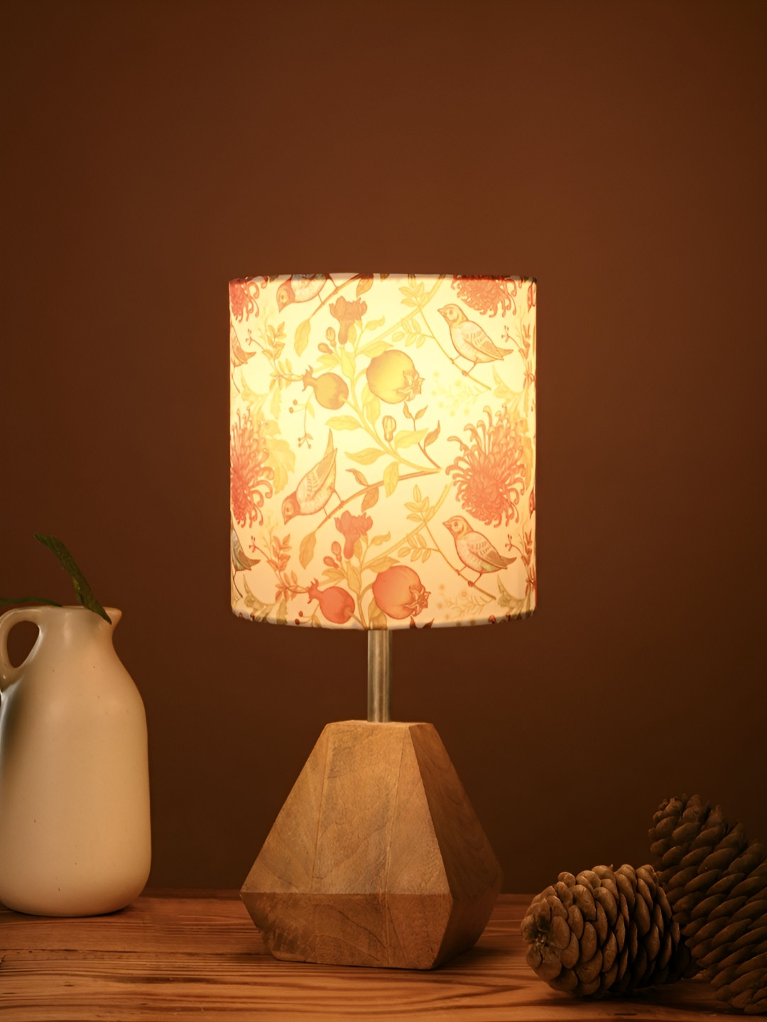 green girgit Brown & Peach Colored Printed Cylindrical Shaped Wooden Table Lamp with Bulb