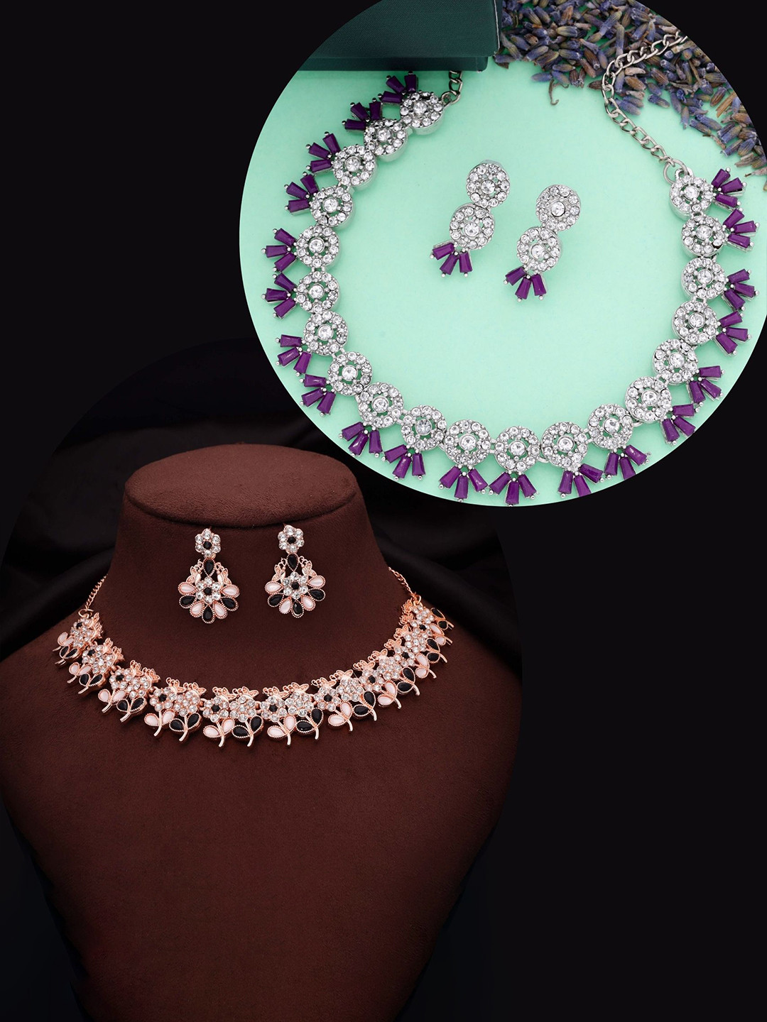 DIVASTRI Set Of 2 Rose Gold & Silver Plated American Diamond Studded Necklace With Earring