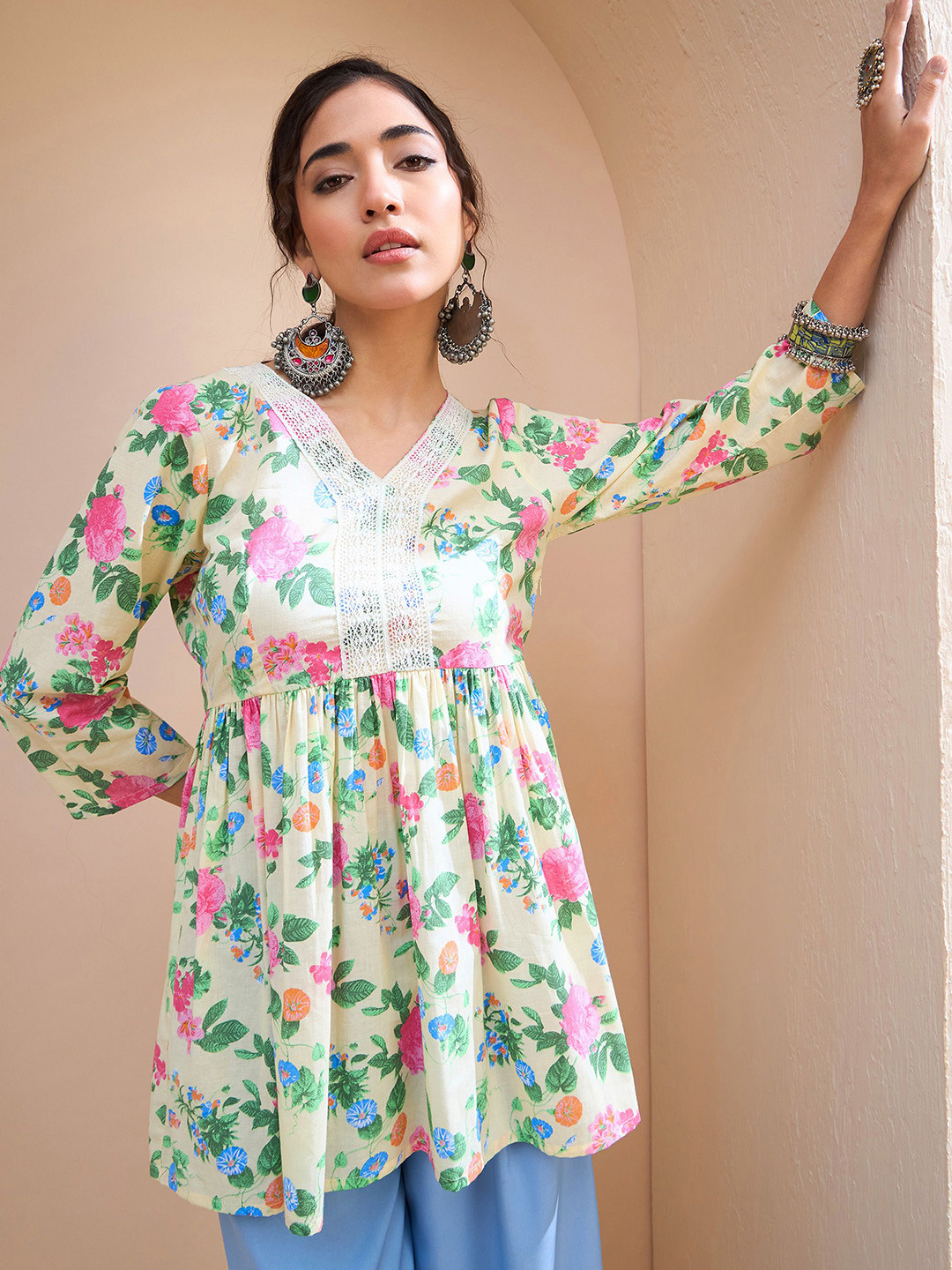 Shae by SASSAFRAS Floral Printed V-Neck Patchwork Pure Cotton Patchwork Kurti