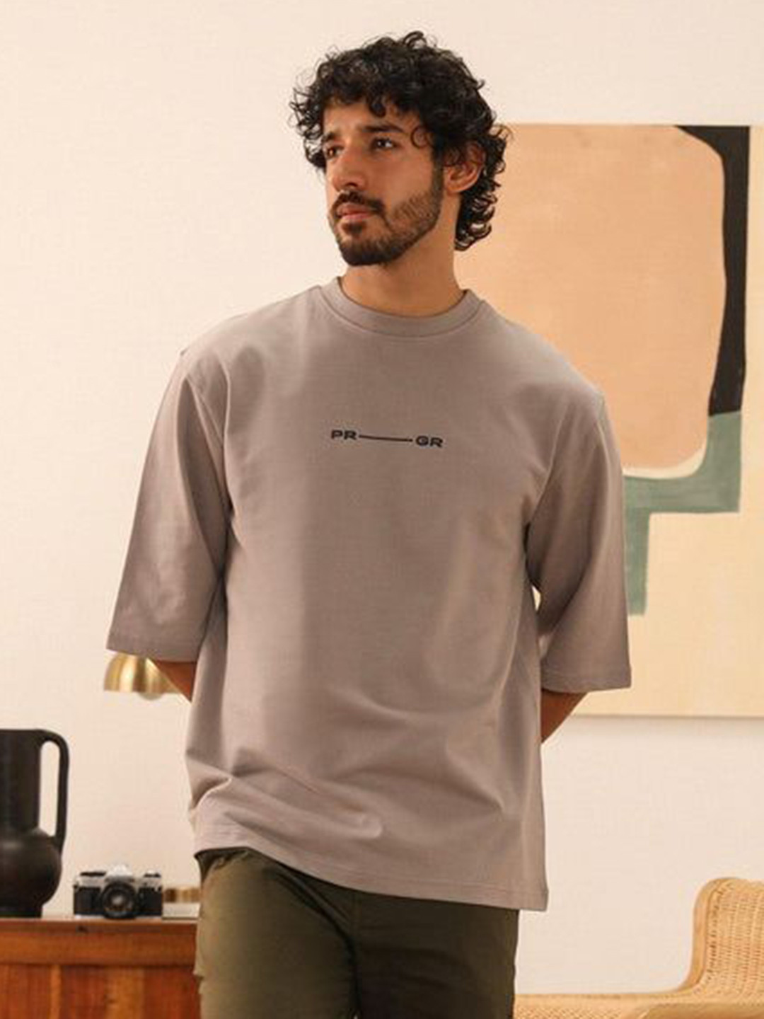 PRIMAL GRAY Men Typography Printed Round Neck Cotton Oversized T-shirt