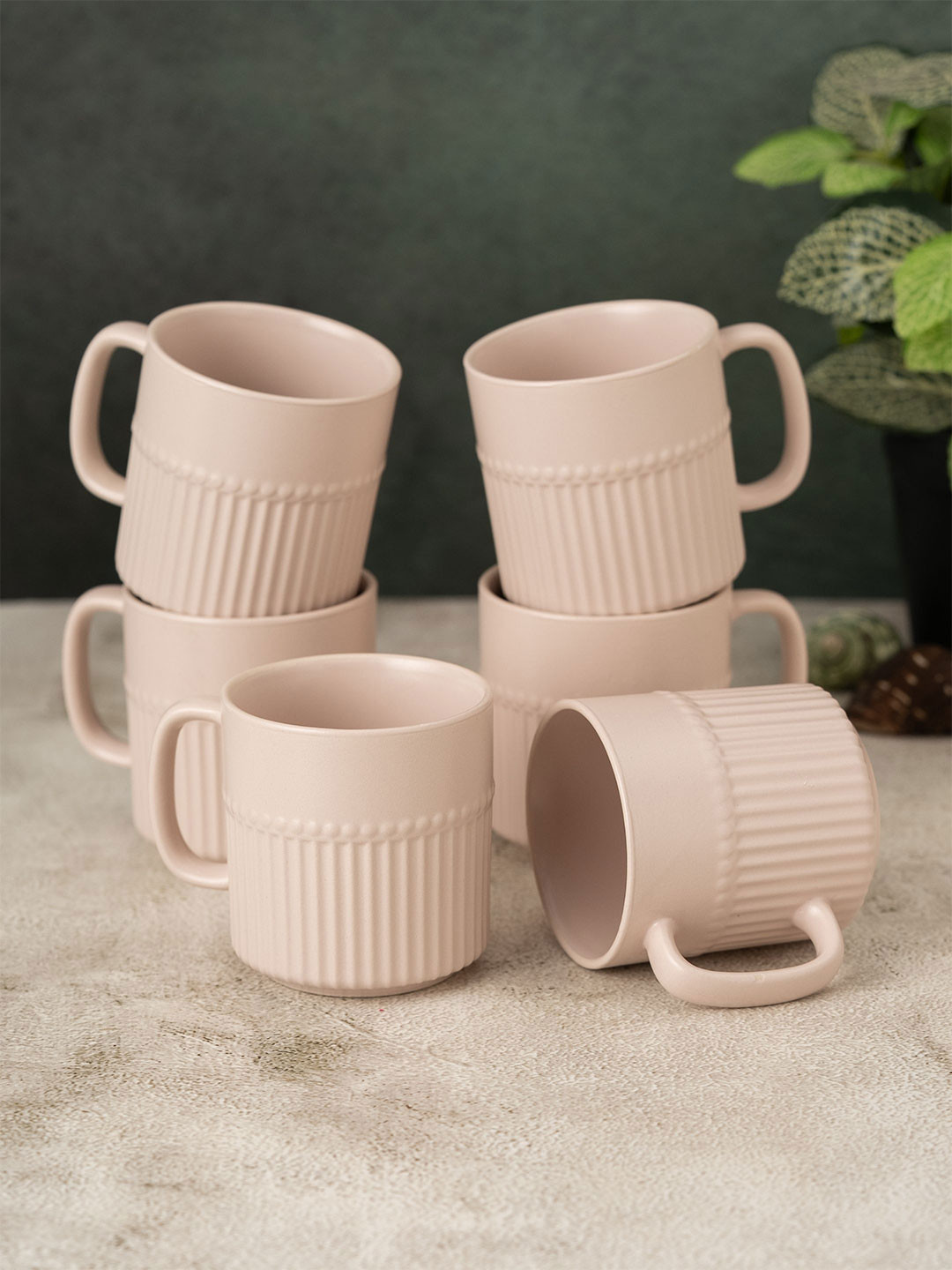 CLAY CRAFT Rakshabandhan Gift Beige Textured Ceramic Microwave Safe 6 Piece Mugs-220ml