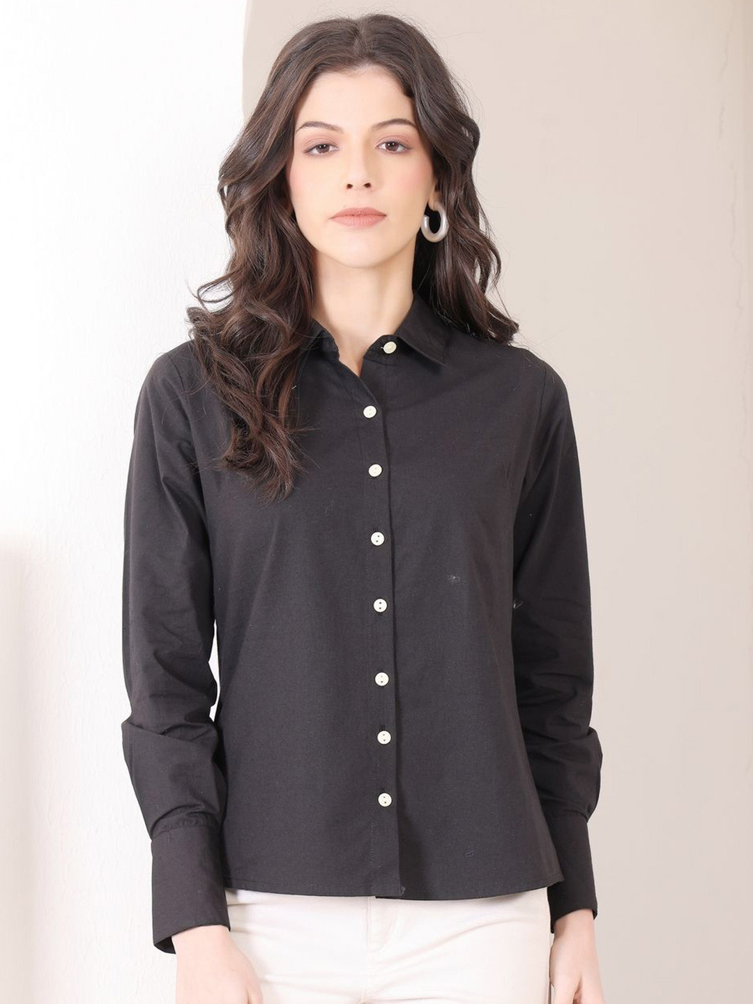 DressBerry Women Spread Collar Solid Cotton Shirt