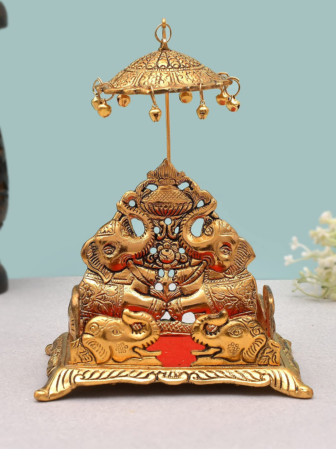 CRAFTAM Gold-Toned & Red Krishna Laddu Bal Gopal Singhasan Metal Religious Idol Showpiece
