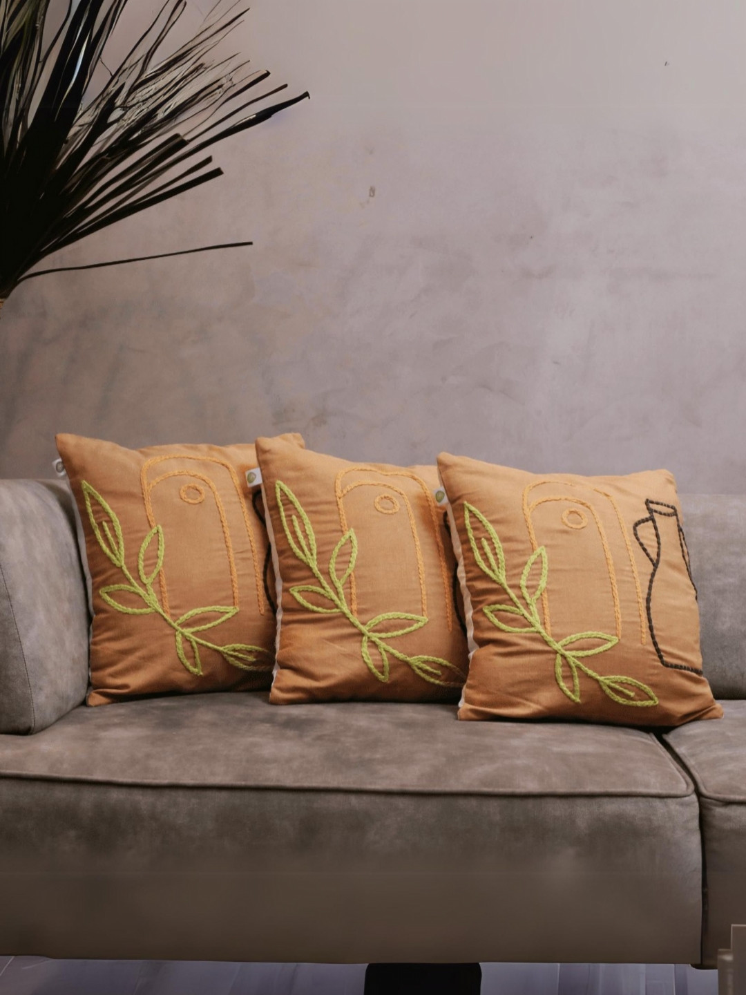 LUSHLYF Tufted Brown & Green 3 Pieces Boho Floral Embroidered Cotton Square Cushion Covers