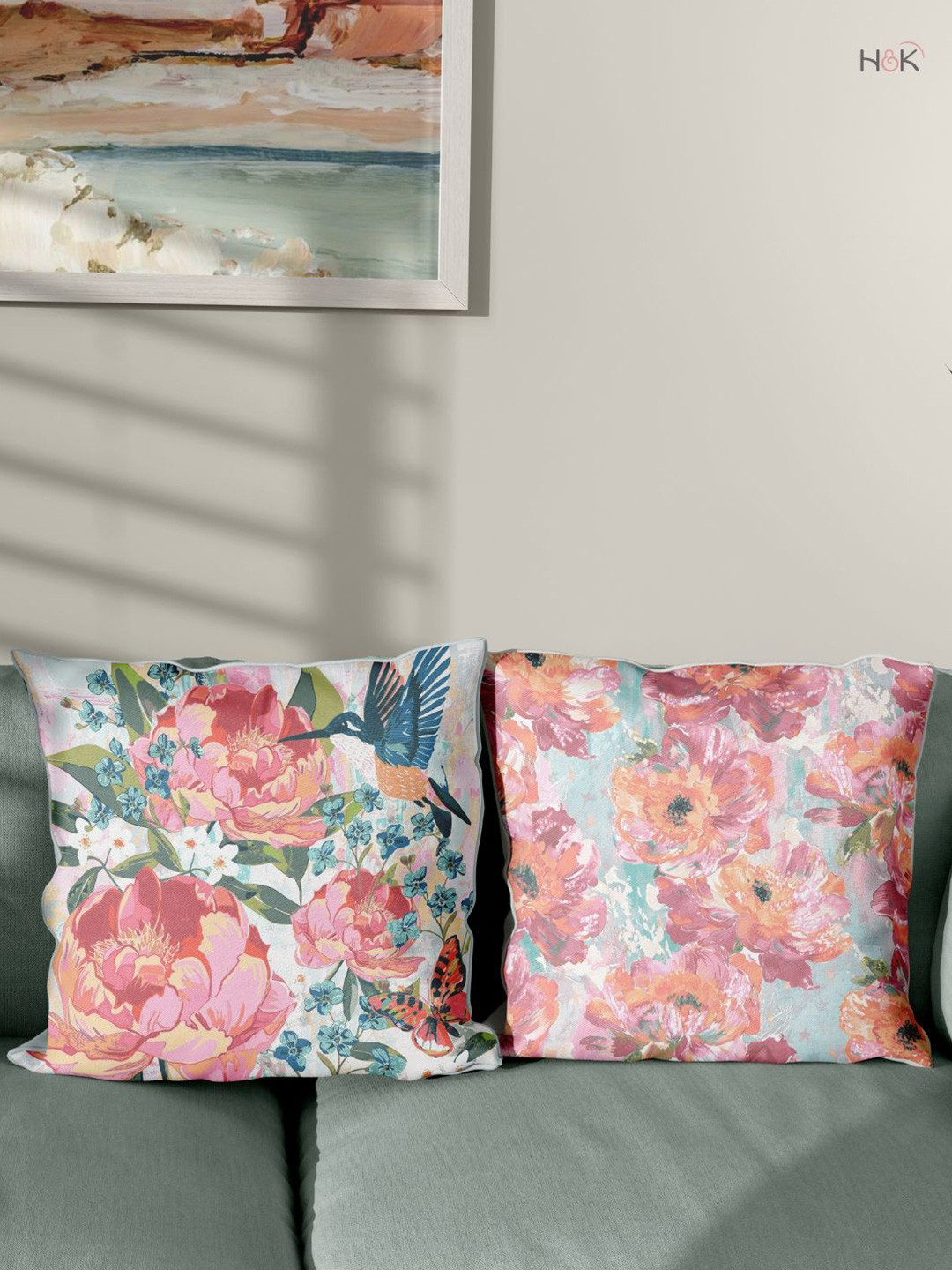 haus & kinder Petal Peonies Blue Set of 2 Floral Printed 100% Cotton Square Cushion Covers