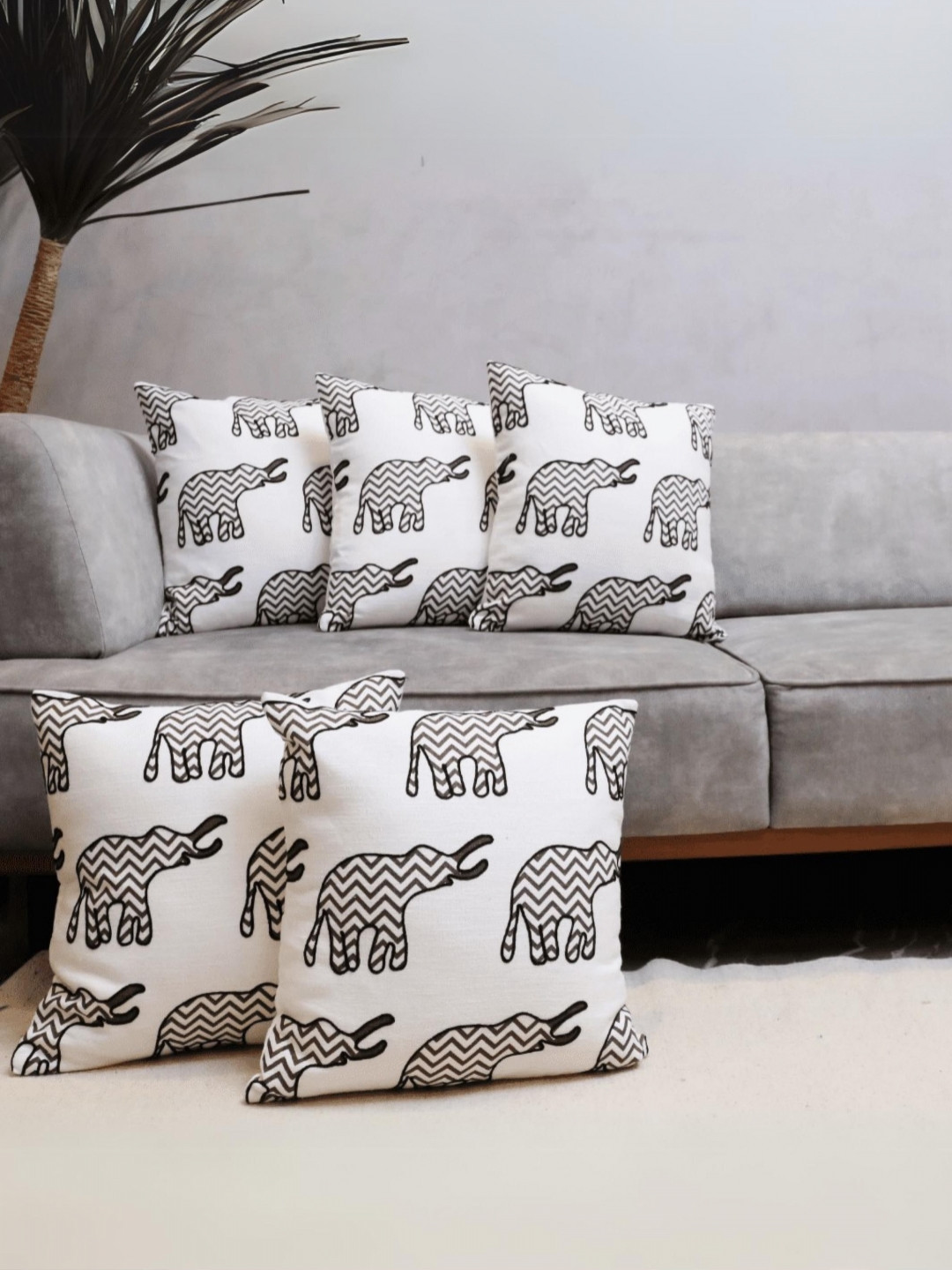 LUSHLYF Tufted White & Black 5 Pieces Elephant Embroidered Cotton Square Cushion Covers