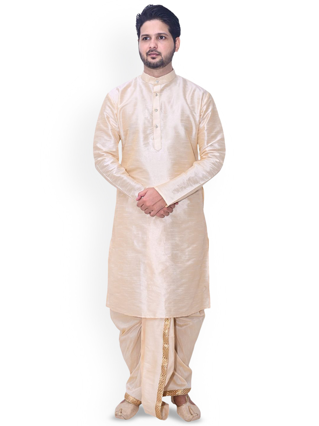 Om Shubh Mangalam Band Collar Dupion Silk Straight Kurta With Dhoti Pants