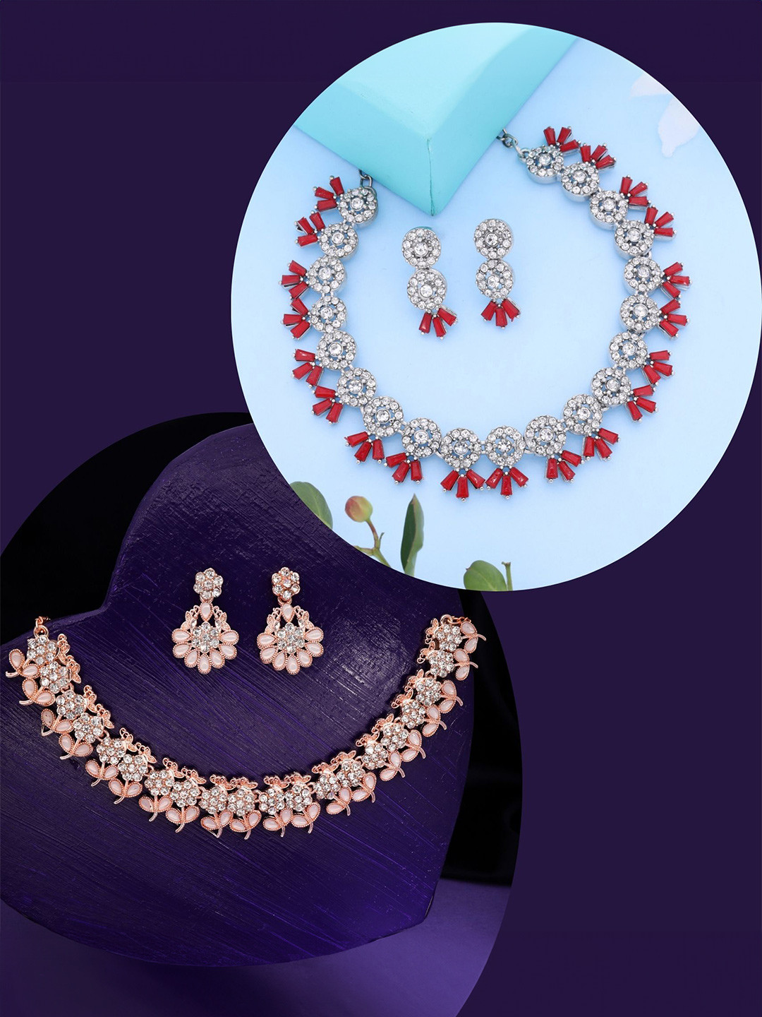 DIVASTRI Set Of 2 Gold And Silver-Plated Artificial Stone Studded Jewellery Set