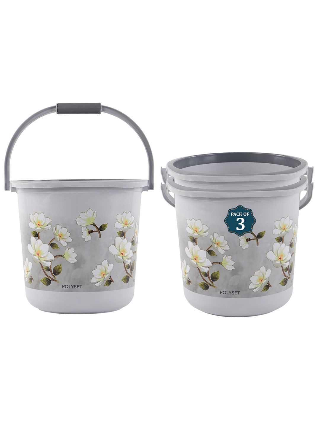 Kuber Industries Grey & White 3 Pieces Floral Printed Bucket 25L